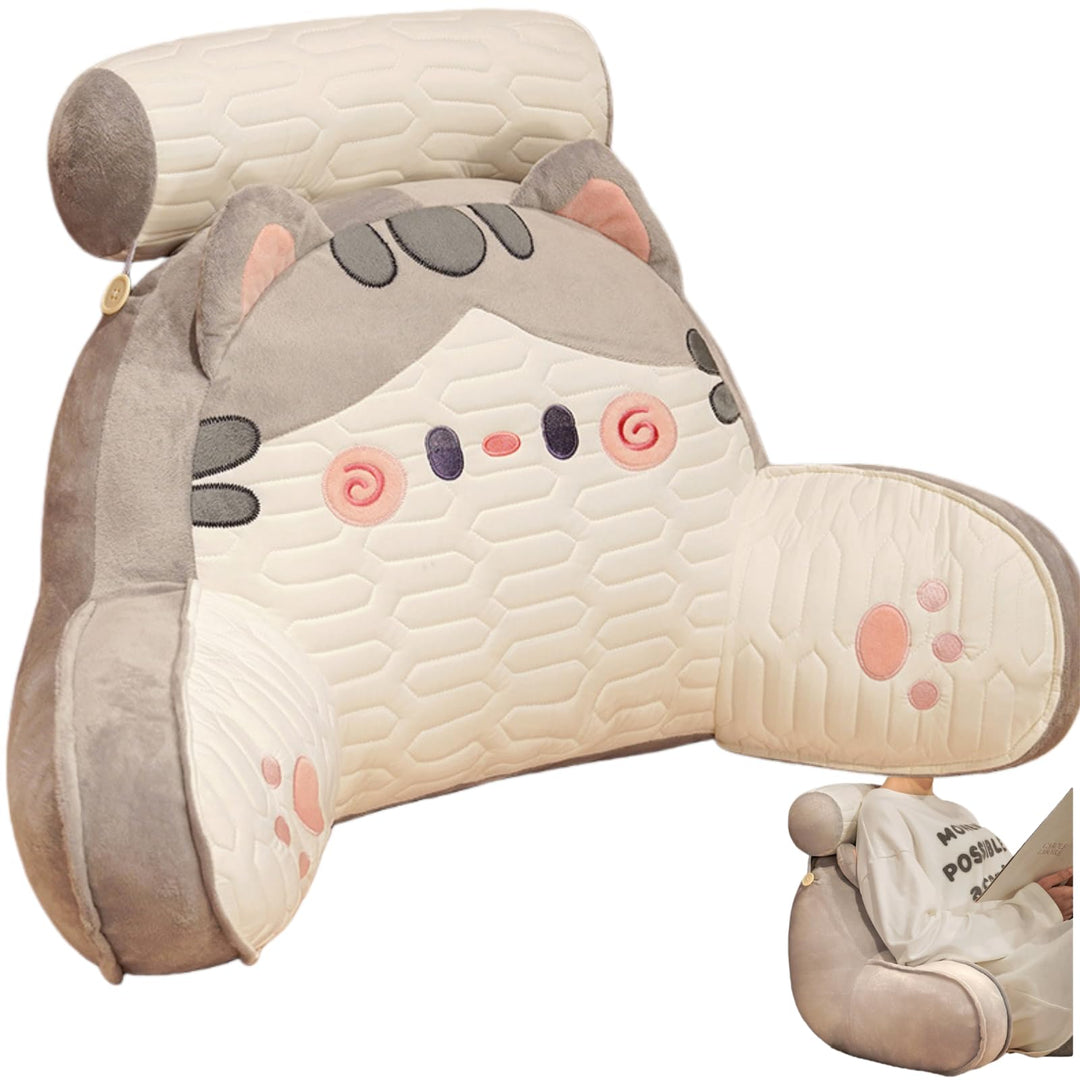 Lesekissen mit Armlehnen und Nackenrolle, Niedliches Katzen Bettsitzkissen für Bett und Sofa, Ergono