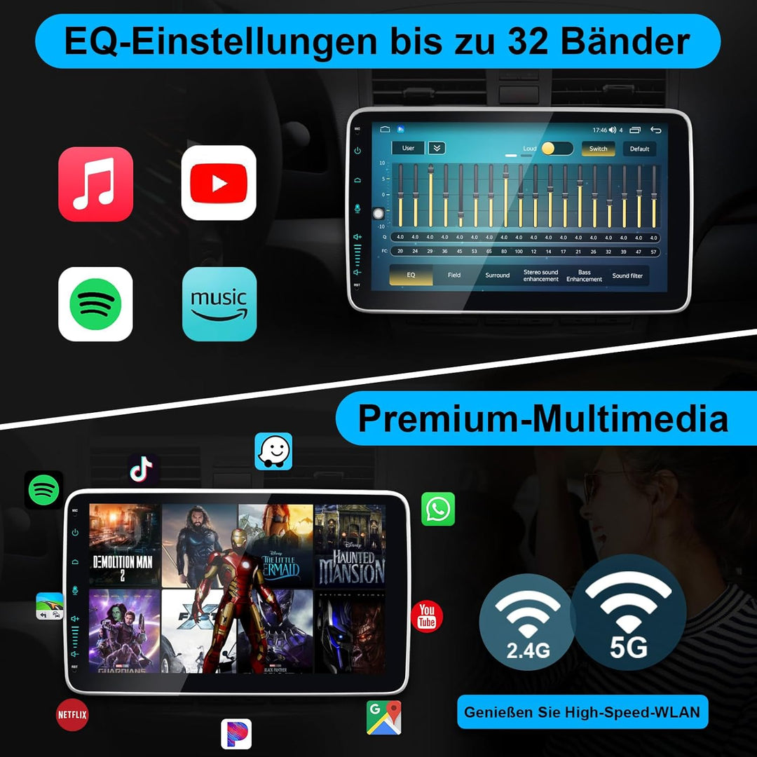 10 Zoll 1 Din Car Radio Android Autoradio mit Bildschirm 8-Kern DAB+ Wireless Android Auto & Apple C