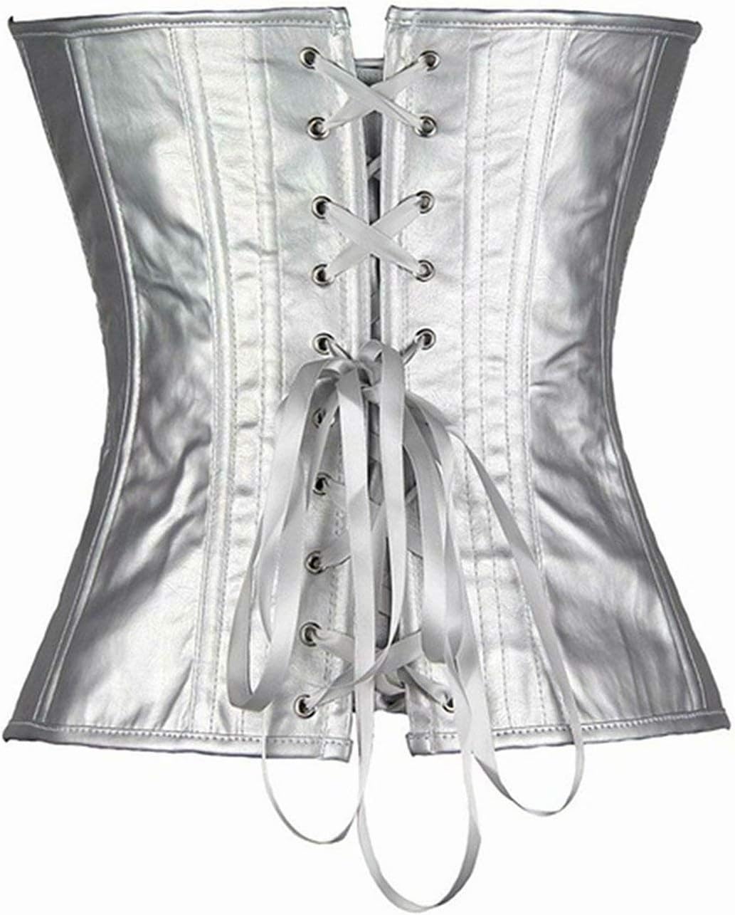 Josamogre Leder Korsett Corset Top Damen Kunstleder Corsage Gothic Reissverschluss Sexy 3XL Silver,