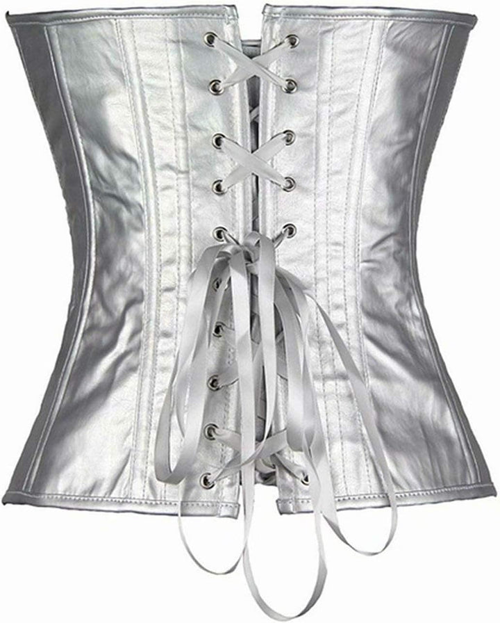 Josamogre Leder Korsett Corset Top Damen Kunstleder Corsage Gothic Reissverschluss Sexy 3XL Silver,