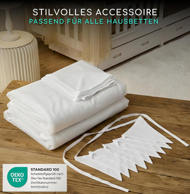 Gemütliches Hausbett Deko Set 3-TLG Hausbett Himmel, Ohne Lichterkette – 2X Betthimmel + Wimpelkette