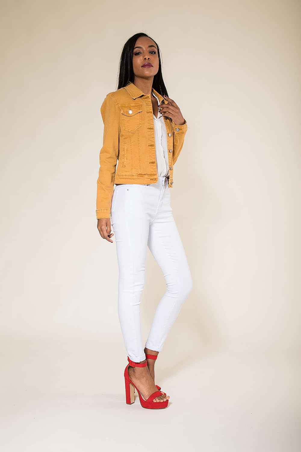Nina Carter J212 Damen Slim-Fit Jeansjacke – Farbige Übergangsjacke mit Kent-Kragen und Taschen – Fr