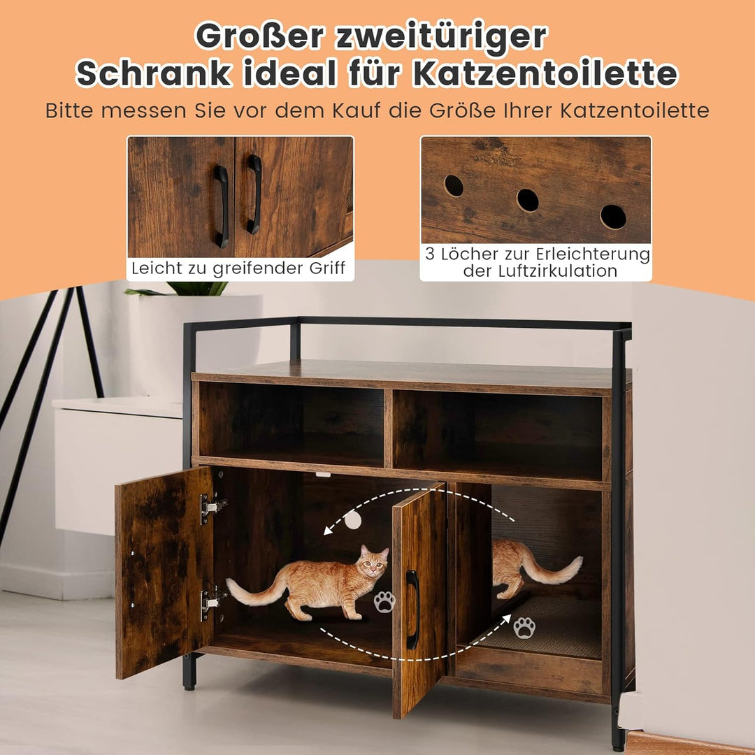 COSTWAY Katzenschrank Katzentoilette mit Doppeltüren & Kratzunterlage, Katzenhaus mit offenem Regal