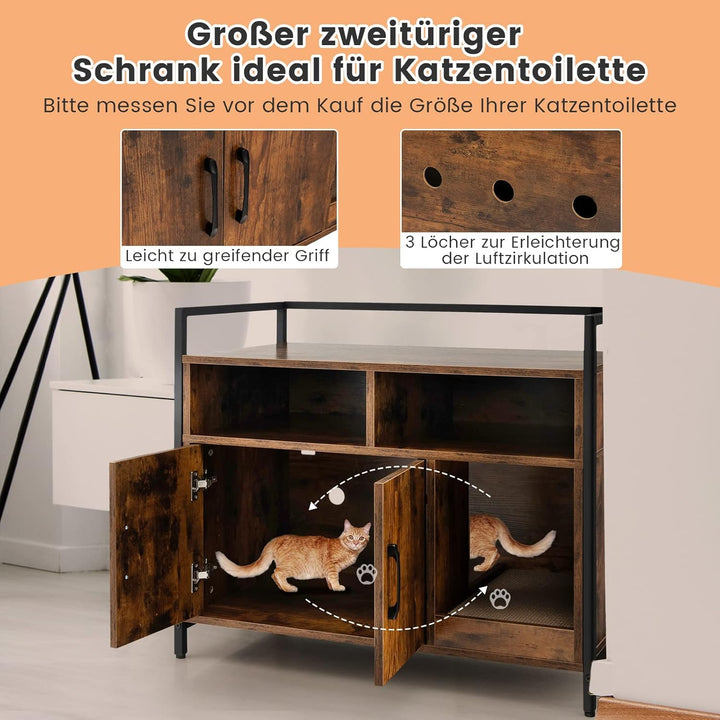 COSTWAY Katzenschrank Katzentoilette mit Doppeltüren & Kratzunterlage, Katzenhaus mit offenem Regal