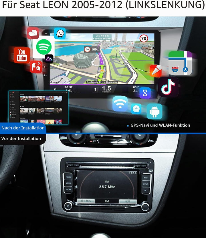Podofo Android Autoradio GPS für Seat Leon 2 MK2 2005-2012(Linkslenker), 9" Touchscreen Navi WiFi Bl
