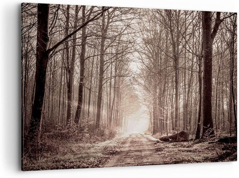 Bilder auf Leinwand 100x70cm Leinwandbild mit Rahmen Wald Strasse Baum Gross Wanddeko Bild Schlafzim