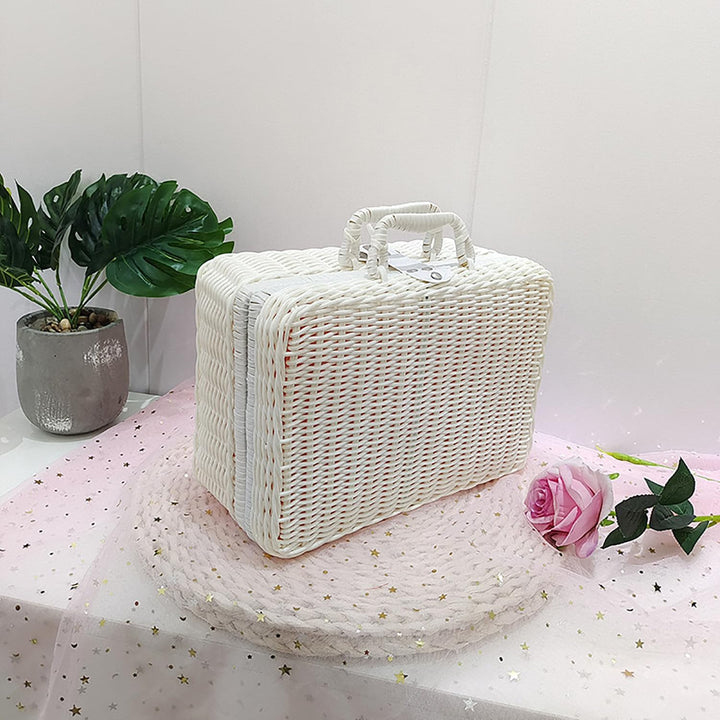 Geflochtener Rattan-Koffer Aufbewahrungskorb mit Griff, Gewebte Picknickbox, Handgewebt, mit Metalls