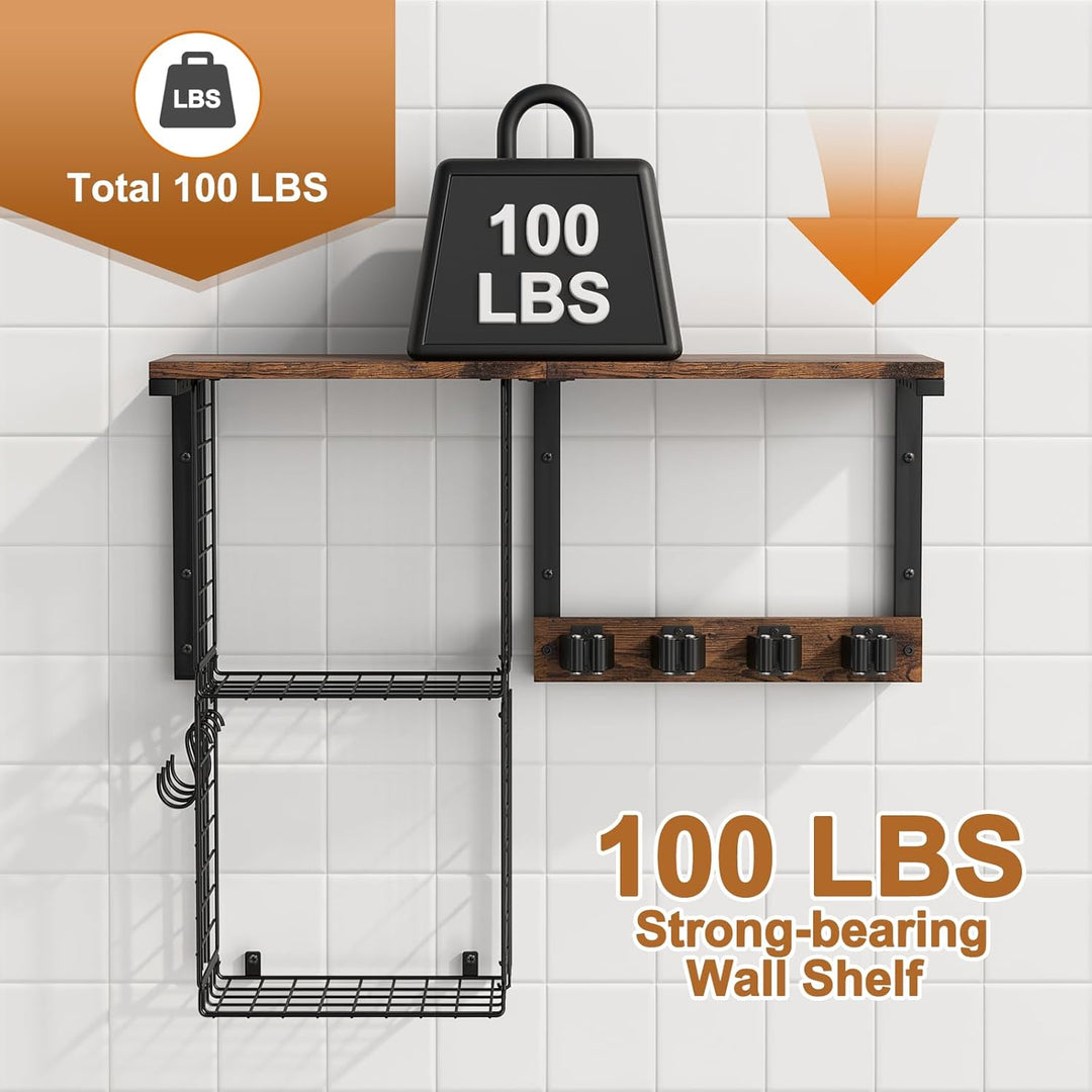 Housolution Besenhalterung Wand mit Putzmittel Regal, 45 KG Hohe Tragfähigkeit Besenhalter Mopphalte