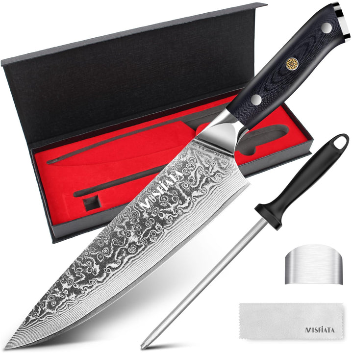 MOSFiATA Damastmesser 8 Zoll, Kochmesser Damast Küchenmesser Damaststahl Japanisches Messer Scharf C