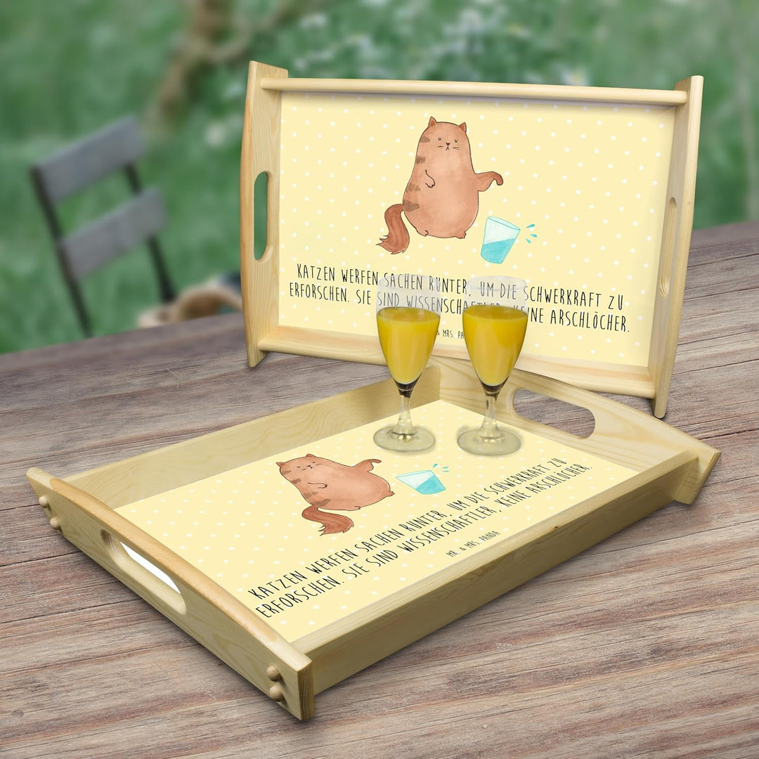 Mr. & Mrs. Panda tablett aus Holz Katze Wasserglas - Geschenk, Frühstückstablett, Glas, kaffeetablet