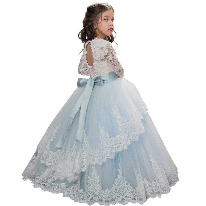 PLWEDDING Spitze Lange Ärmel Blumenmädchen Kleid Prinzessin Tüll Kleid für Kinder Erstkommunion Klei