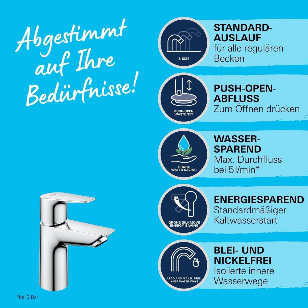 GROHE StartEdge - Einhand-Waschtischarmatur (wassersparend, langlebige Oberfläche, S Size), chrom, 2