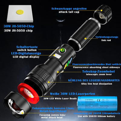 ASORT LED Taschenlampe Aufladbar, Extrem Hell 500000 Lumen, Zoombare, 6 Modi, IP67 Wasserdicht, Perf