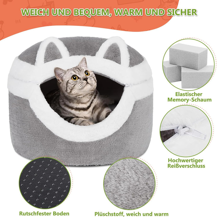 Ownpets 3-in-1 Katzenbett Höhle - Abnehmbares Schlafkissen für Indoor, Winter, Warm - Mit Weichem Ka