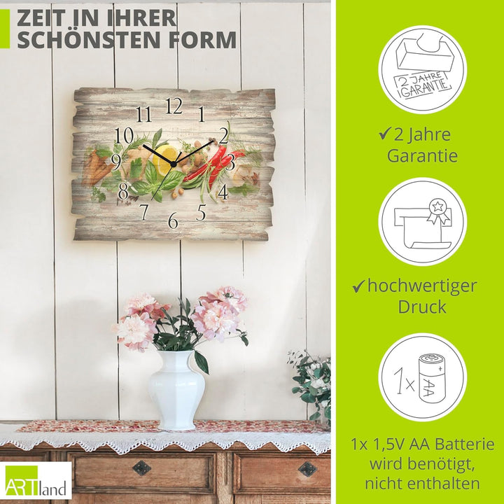 ARTLAND Wanddeko Wanduhr ohne Tickgeräusche aus Holz Quarz Uhr lautlos Rechteckig 40x30 cm Essen Leb