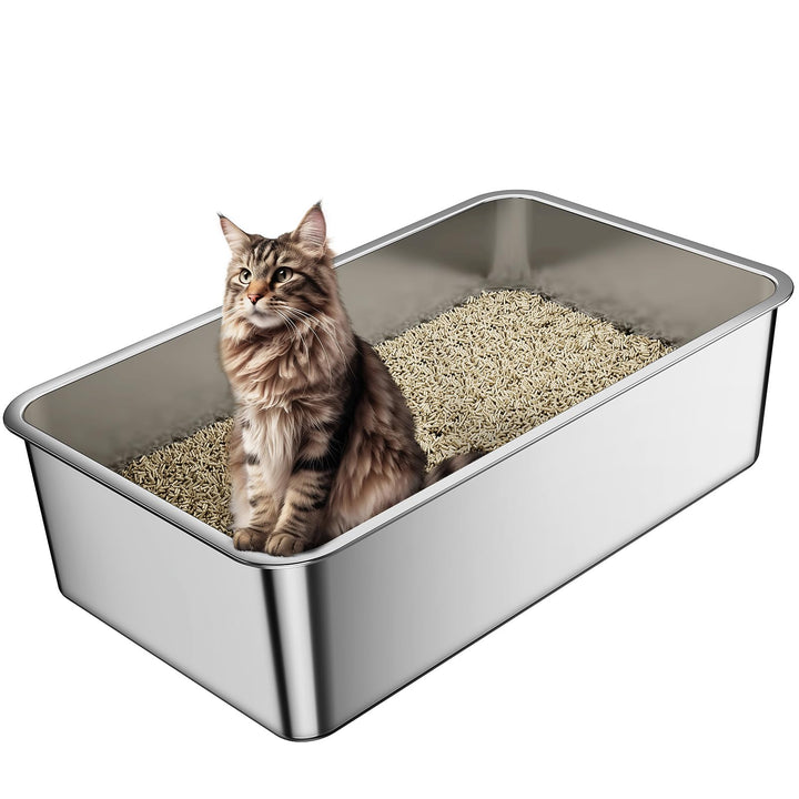 Barhon Katzenklo Edelstahl XXL 60 x 40 x 15 cm, Katzentoilette Edelstahl gross für Grosskatzen mit h