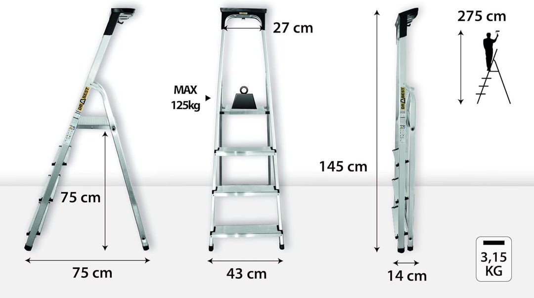 DRABEST Aluleiter mit Ablage, Stehleiter 4 Stufen, Trittleiter bis 125 kg, Haushaltleiter, Klapptrit