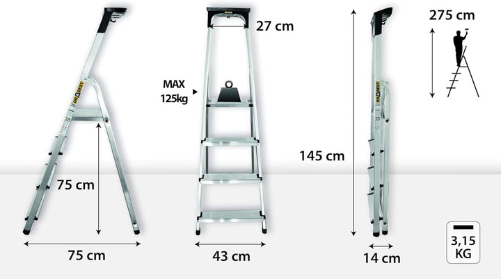 DRABEST Aluleiter mit Ablage, Stehleiter 4 Stufen, Trittleiter bis 125 kg, Haushaltleiter, Klapptrit