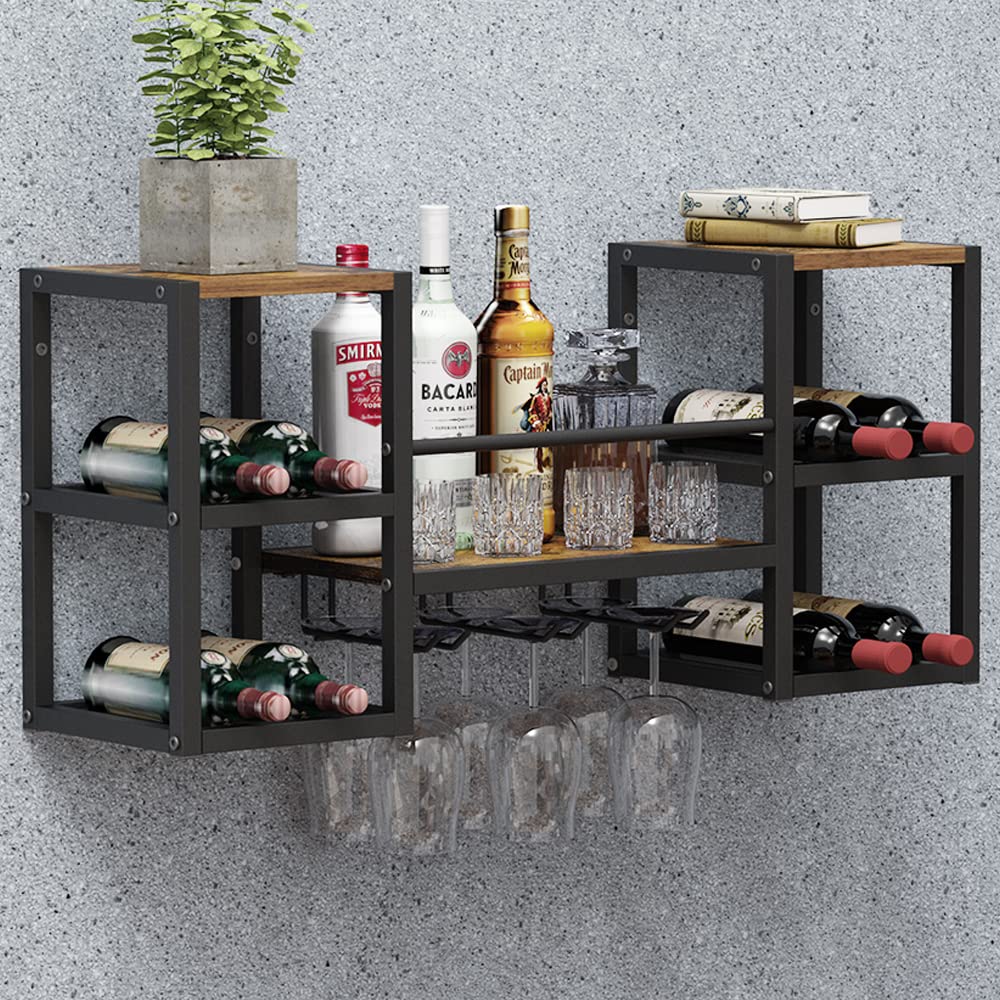 VEDECASA industriell wandmontierte Weinregal mit 3 Dampfglashalter Partial Holzregal Schwarz Metallf