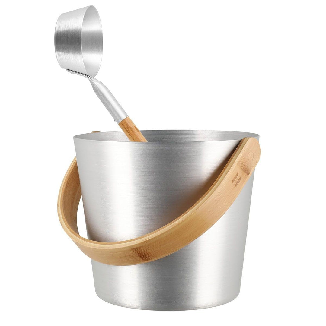 Rento - Saunaeimer, Aufgusseimer - Aluminium - Farbe: Silber - mit edlem Griff aus Bambus - 5 Liter