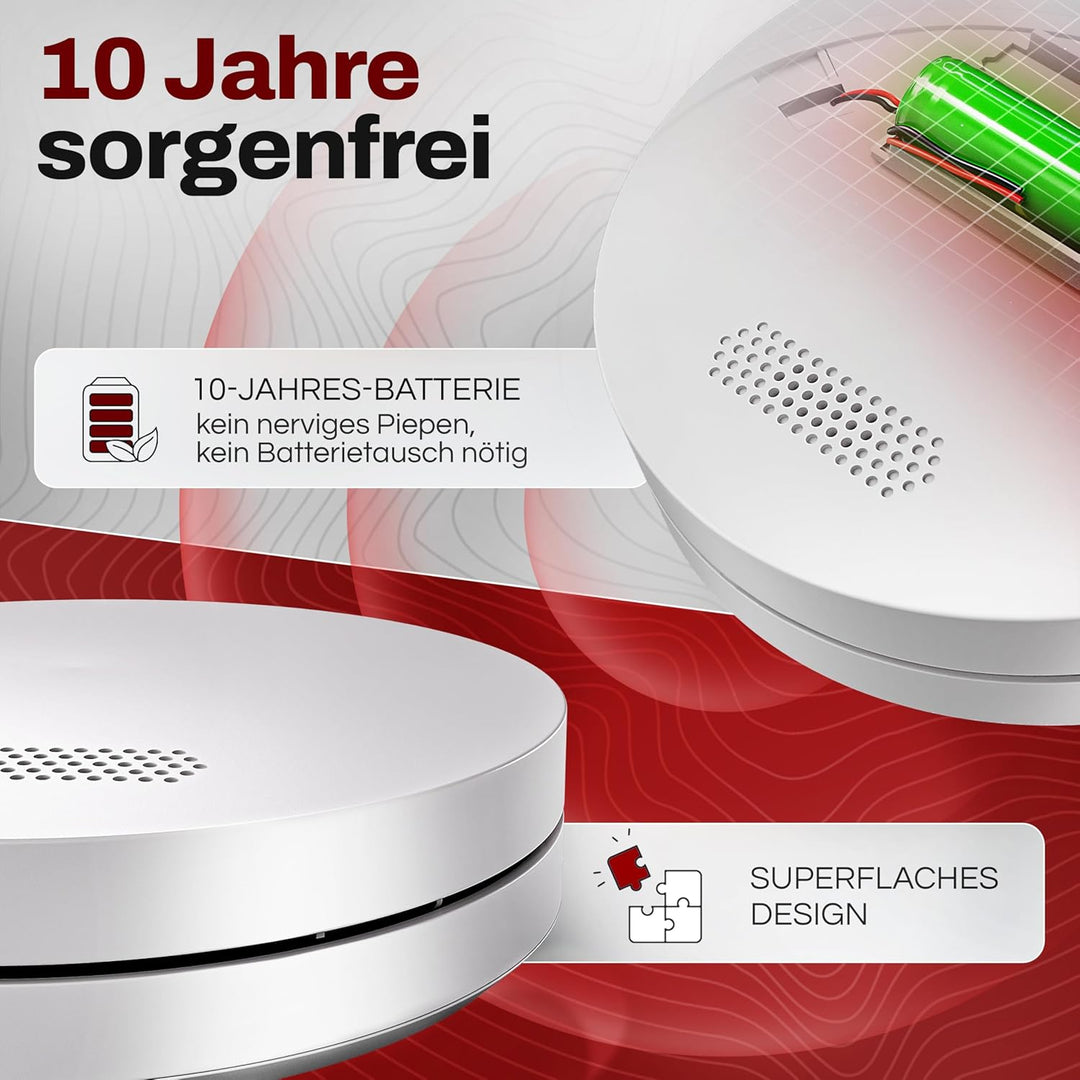 ALPENLUFT Rauchmelder 10 Jahre Batterie, Feuermelder Flach, Rauchwarnmelder, Brandmelder, | Ohne Boh