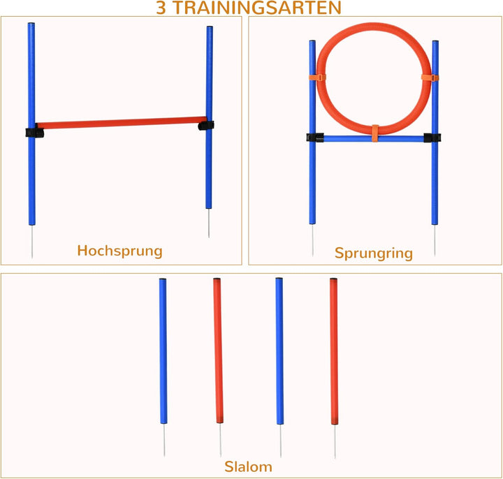 PawHut Agility-Übungs-Set Slalom-Hürden-Sprungring 3 in 1 Hundesport Trainingsplatz PE Blau+Rot