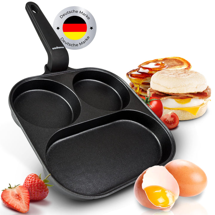 Spiegeleipfanne (21cm) - Frühstückspfanne dreigeteilt mit Antihaft-Beschichtung für [ Induktion Gas
