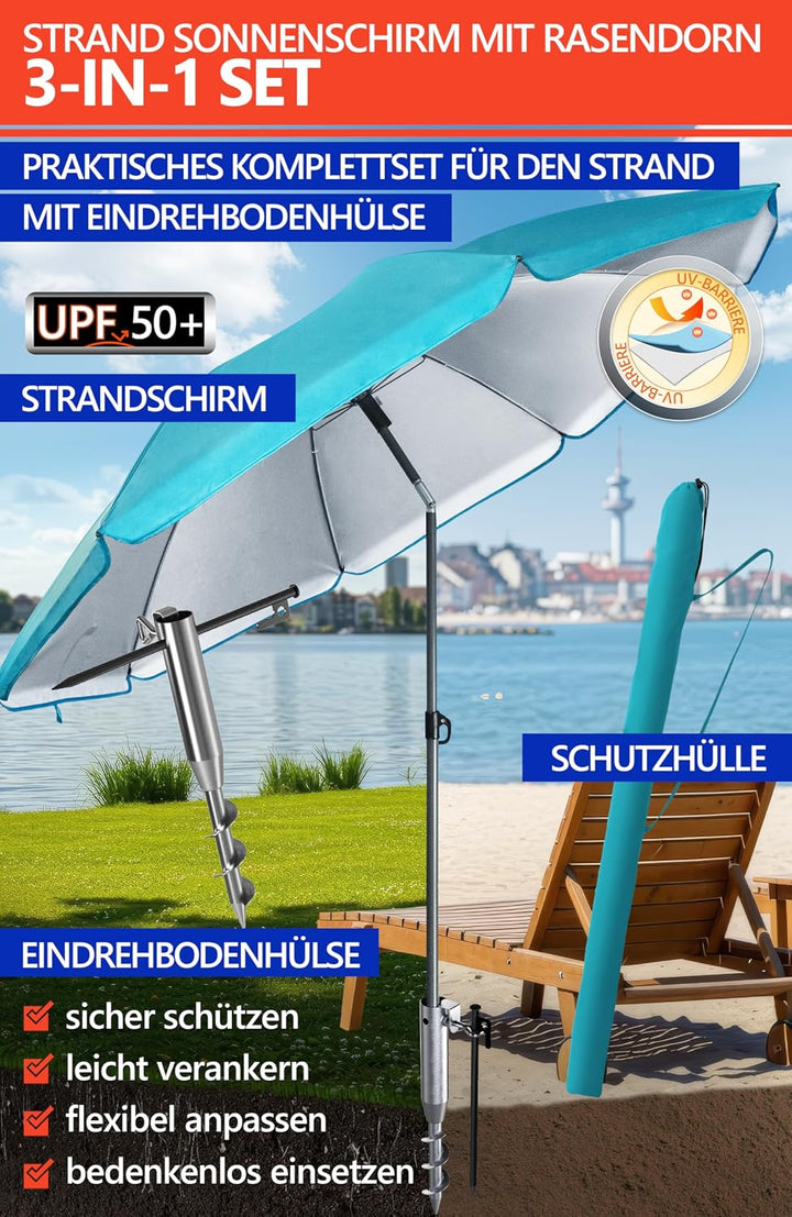 4smile Sonnenschirm Strand SET mit Eindrehbodenhülse, Ø 200 cm, Türkis | Strandschirm Windfest Stabi