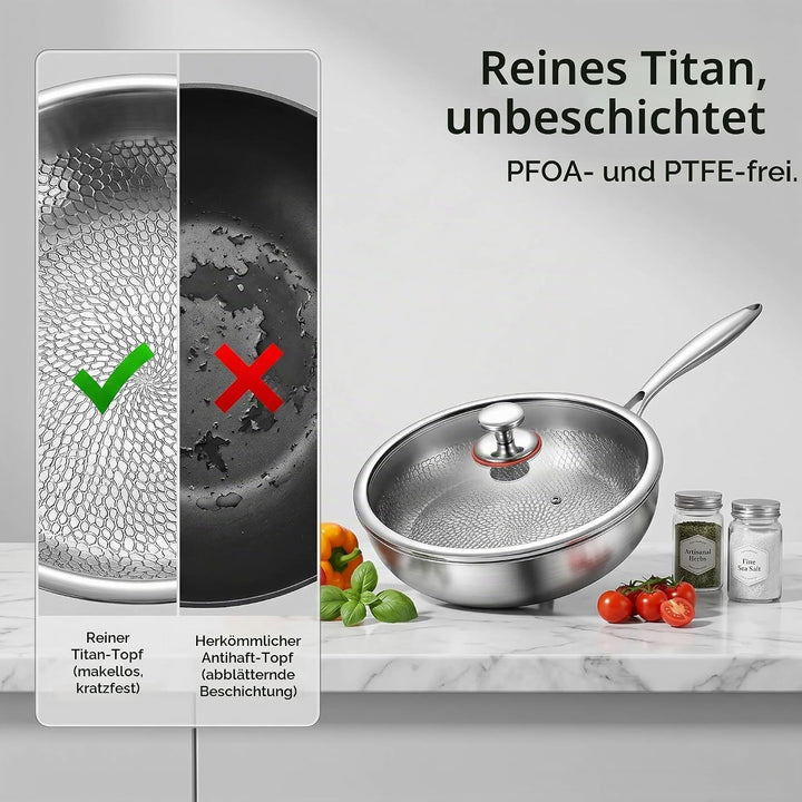 Titan Pfanne 28 cm mit Deckel, Unbeschichtete Titan Bratpfanne mit Gehämmertem Design, Kratzfeste Ph