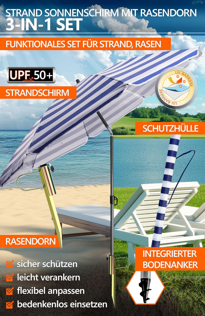 4smile Sonnenschirm Strand Ø 180 cm mit Rasendorn, 3-IN-1-SET, Blau-Weiss | Strandschirm windfest st