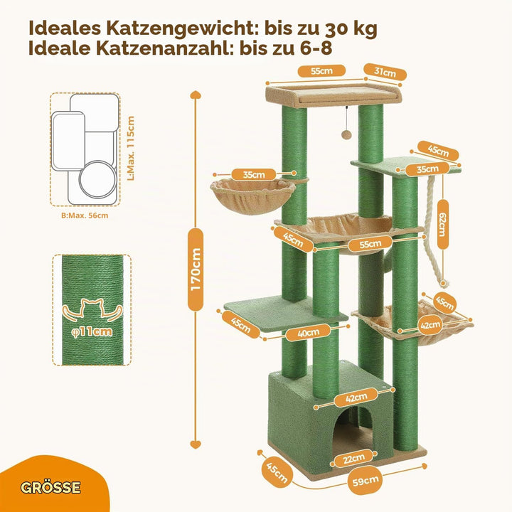 PAWZ Road Kratzbaum Grosse Katzen stabil mit Mehreren Ebenen, Hängematte,13 Sisalpfosten(φ11cm), Gro