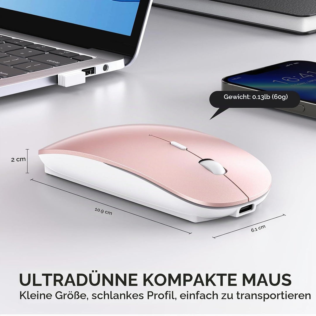RaceGT Maus Kabellos USB-C &amp; USB-A, Mouse Aufladbar 2,4GHz Leise klick Beidhändig 3 Adjustable DPI L