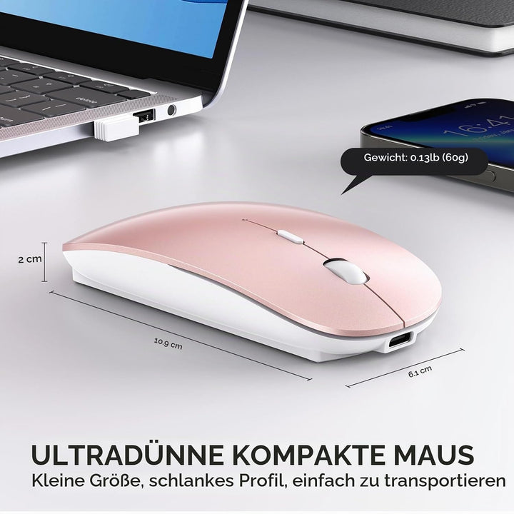 RaceGT Maus Kabellos USB-C &amp; USB-A, Mouse Aufladbar 2,4GHz Leise klick Beidhändig 3 Adjustable DPI L