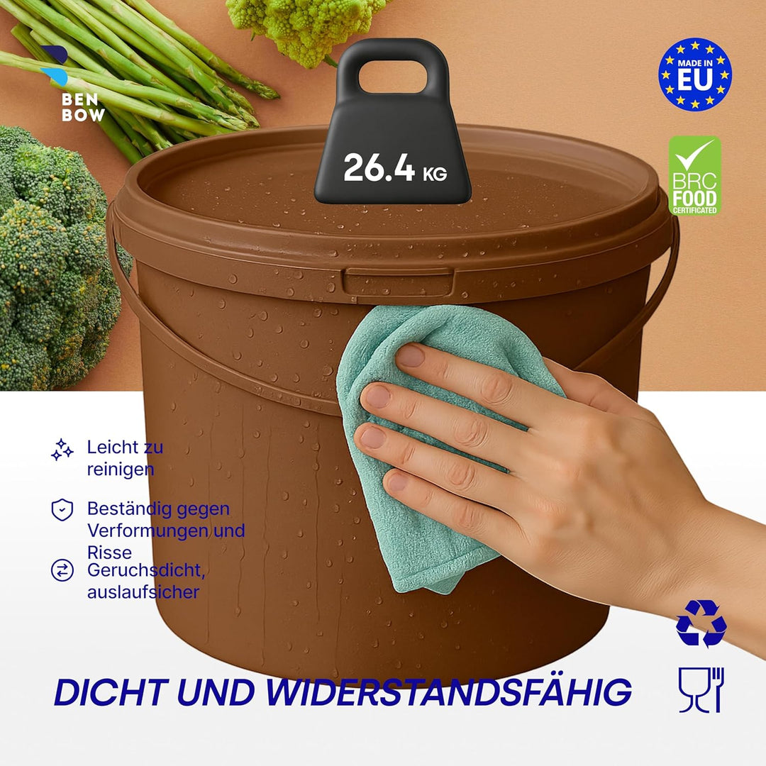 BenBow Eimer mit Deckel 10l Braun 50x 10 Liter - lebensmittelecht, stabil, luftdicht, auslaufsicher,