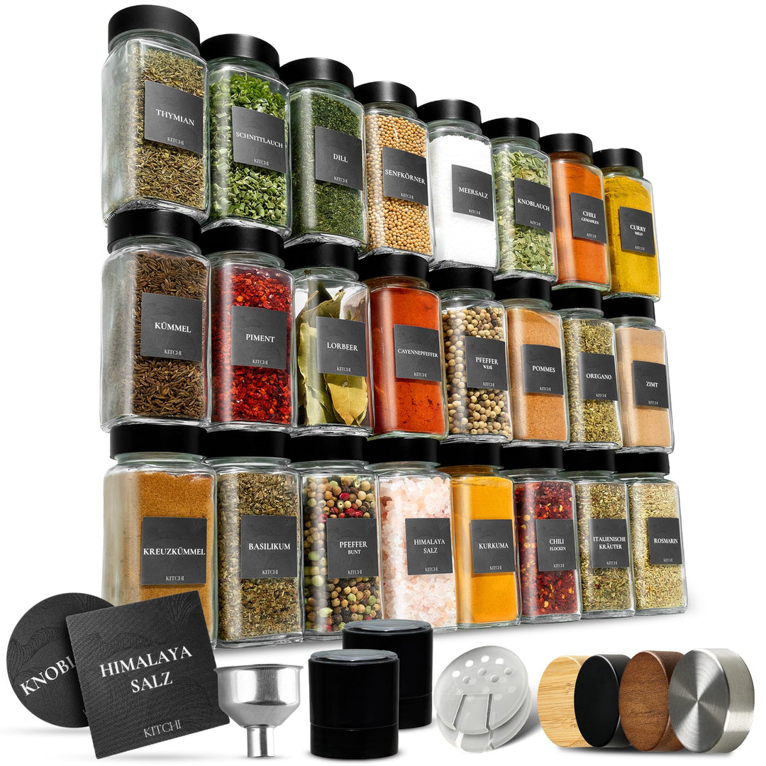 KITCHI Gewürzgläser 24er Set mit 2 Mühlen – schwarze Deckel Schwarz + 2 Mühlen, Schwarz + 2 Mühlen