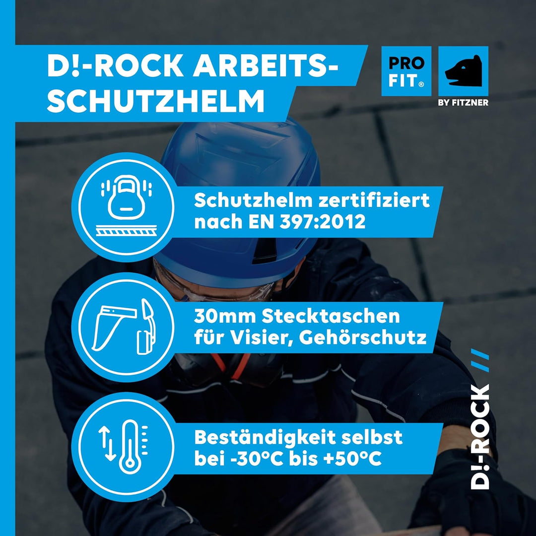 PRO FIT Arbeitsschutzhelm D!-Rock - Belüfteter Bauhelm mit Drehrad - 53-56 cm Kopfband - 30 mm Steck