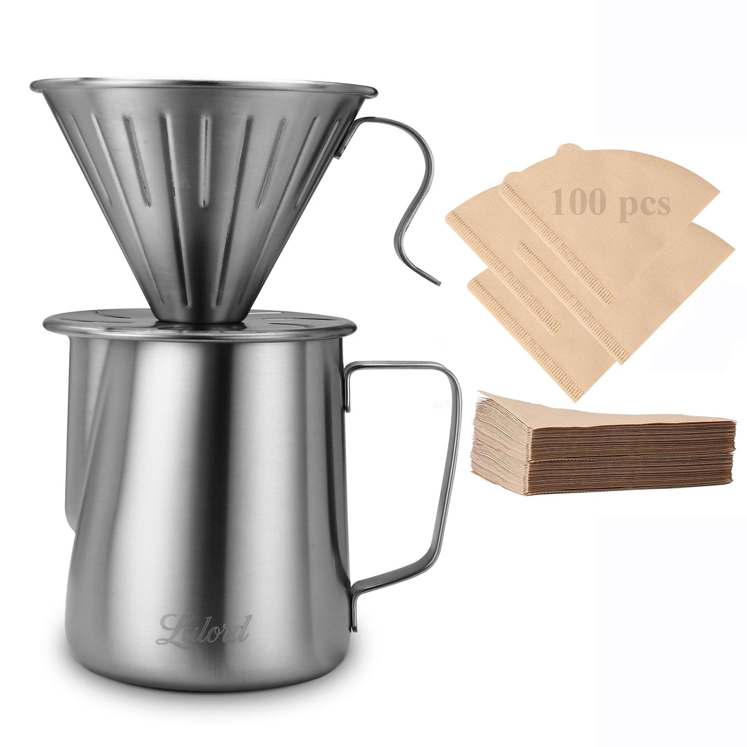 Pour Over Kaffeebereiter-Set, 304 Edelstahl, mit 100 Stück #2 Papierfilter und 600 ml Milchaufschäum