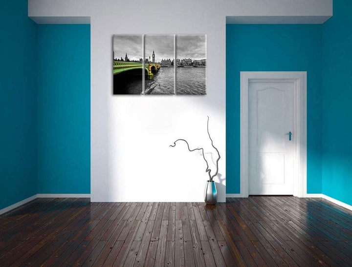 Skyline von London mit Themse und Big Ben schwarz/weiss 3-Teiler Leinwandbild 120x80 Bild auf Leinwa