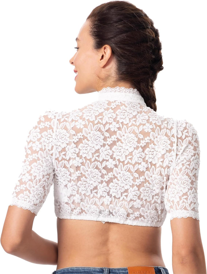 Dirndlwelle Oktoberfest Damen Dirndlbluse Elegante Trachtenbluse Blumenmuster Kurzarm Weiss Spitzebl