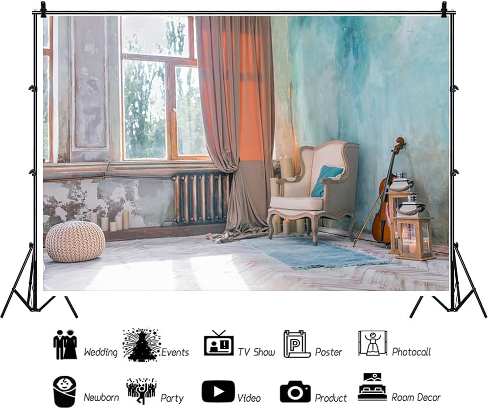 YongFoto 3x2m Vinyl Foto Hintergrund Indoor Szene Fenster Vorhang Geige Sofa Blau gemalte Wand Fotog