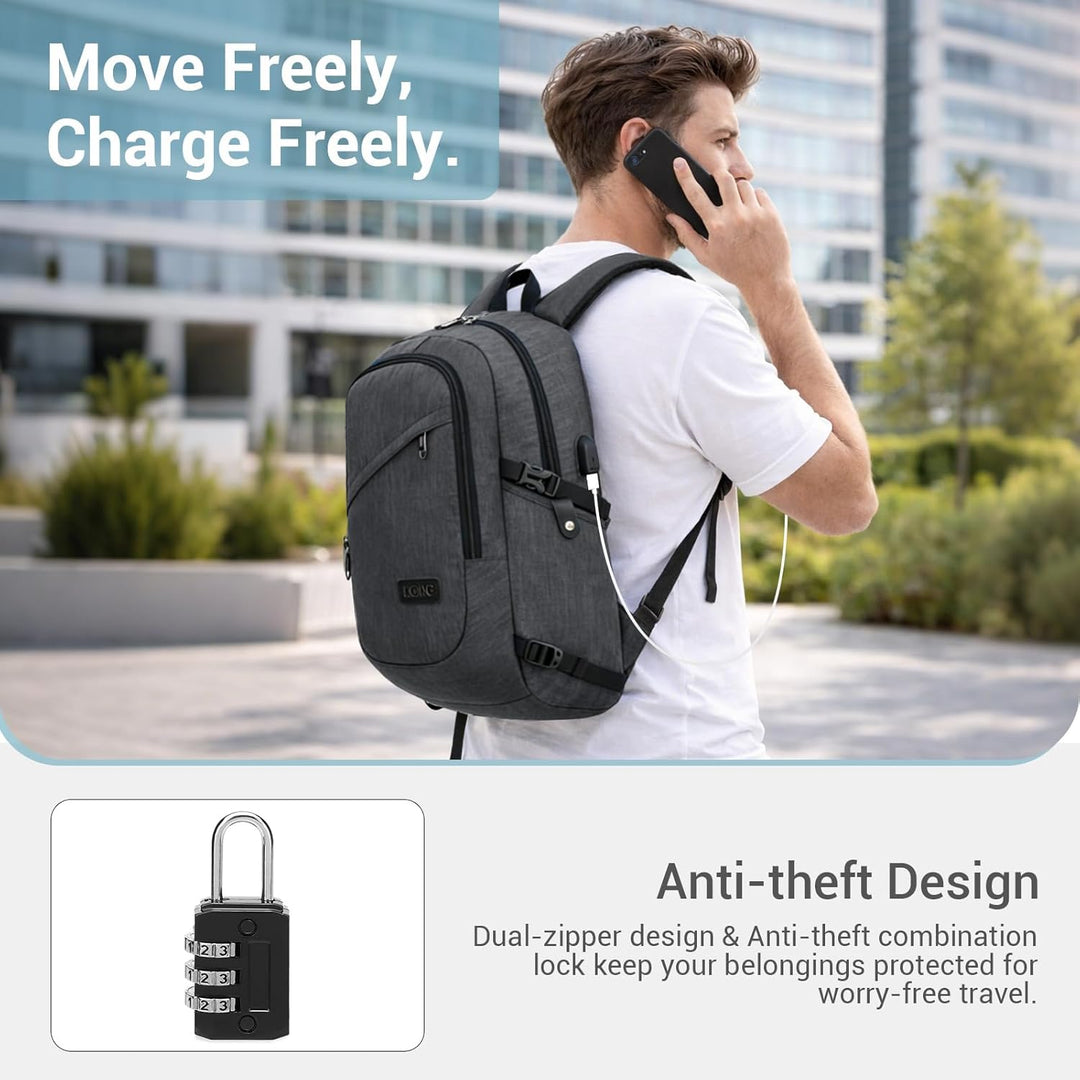 KONO Rucksack Herren, Laptop Rucksack 15,6 Zoll Anti-Diebstahl mit USB-Ladeanschluss, Schulrucksack