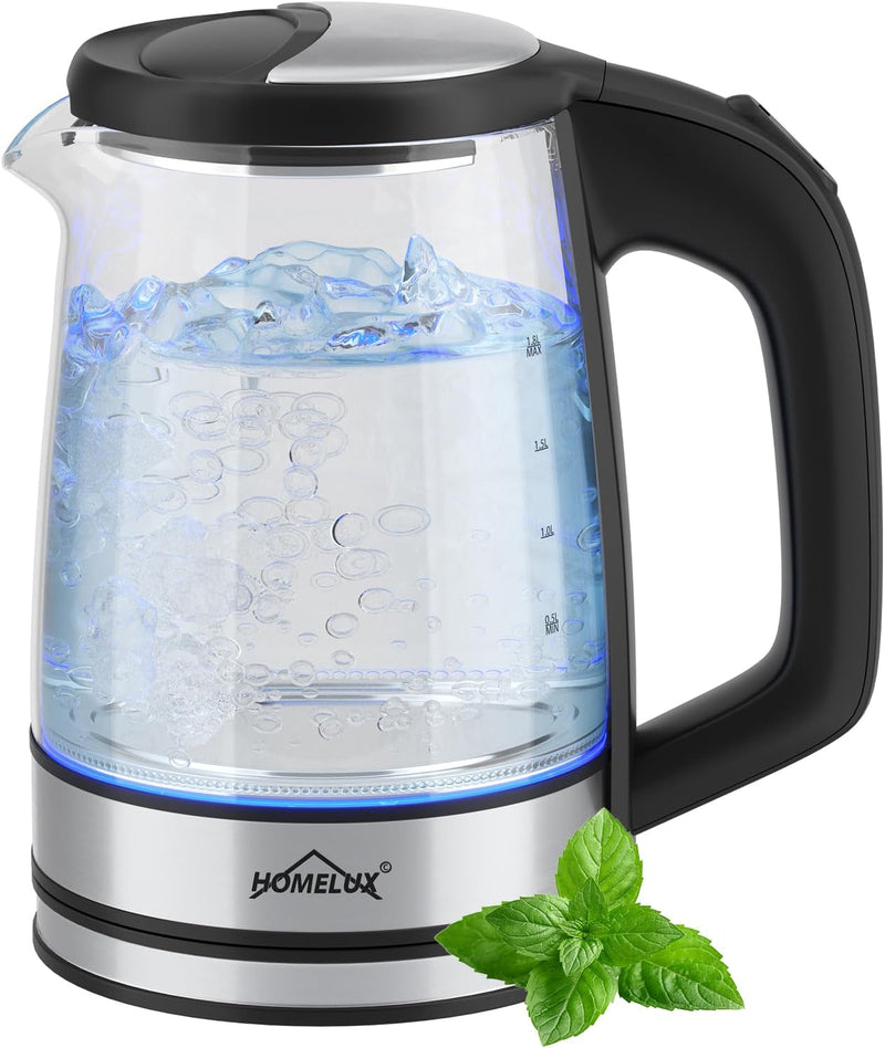 HOMELUX Wasserkocher Glas 1500 Watt 1,8 Liter, Electric Kettle Mit Led-Beleuchtung, Glas wasserkoche