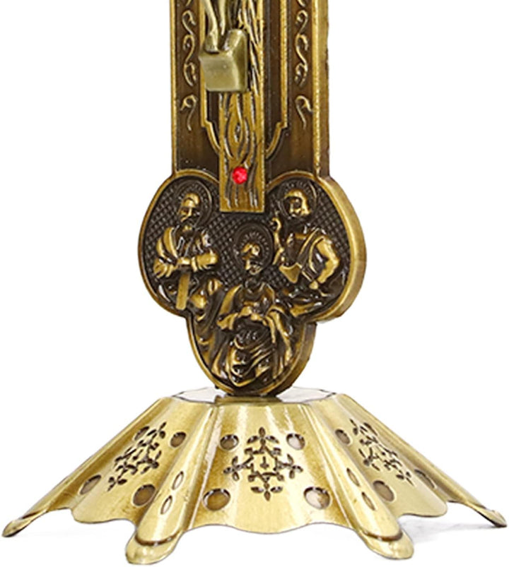 Stehendes Kruzifix, Fürbitte, Wand- und Tischkreuz, Kruzifix mit Eingelegtem Rotem Vintage-Metallmat