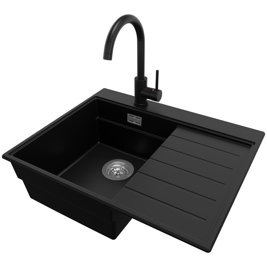 PRIMAGRAN Granitspüle Schwarz 62x50cm, Spülbecken 1 Becken + Küchenarmatur 32x20cm + Ablauf-Set, Küc