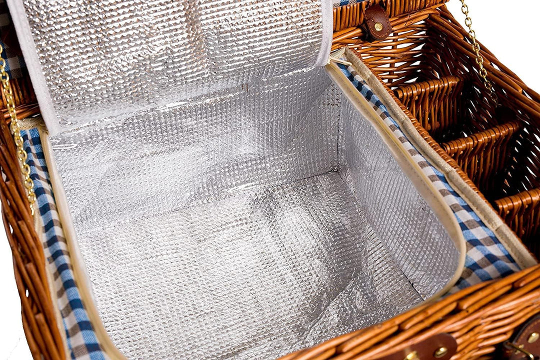 2 Handgefertigte Picknickkörbe für 4 Personen mit Kühlfach, Edelstahlbesteck, Porzellanteller, Weing