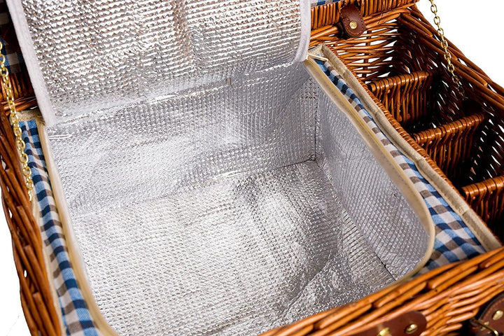 2 Handgefertigte Picknickkörbe für 4 Personen mit Kühlfach, Edelstahlbesteck, Porzellanteller, Weing