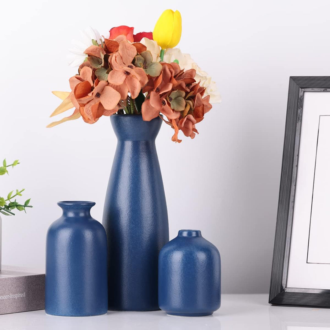 Blaues Keramikvasen-Set – 3 marineblaue Vasen, landhausblaue Vasen als Heimdekoration, Wohnzimmerdek