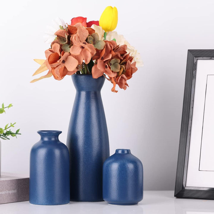 Blaues Keramikvasen-Set – 3 marineblaue Vasen, landhausblaue Vasen als Heimdekoration, Wohnzimmerdek