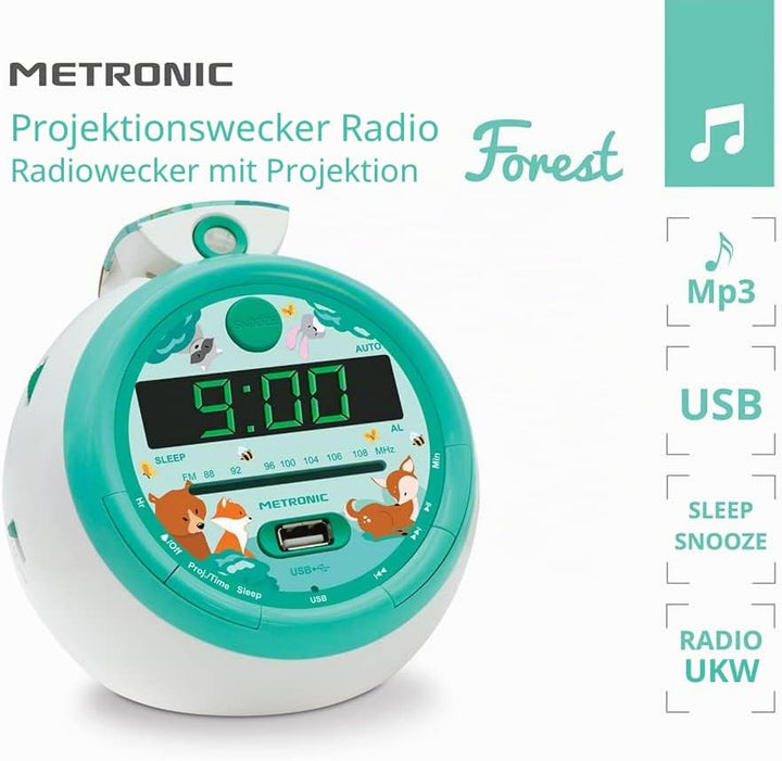 METRONIC Forest 477343 Radiowecker FM USB Projektion Dual Alarm Grün S Forest Grün, Forest Grün