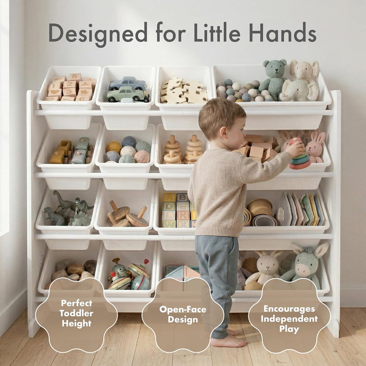 Humble Crew extragrosses Kinderregal aus Holz, Weiss! 16 Kunststoffboxen für Spielzeug, ideal für Ki
